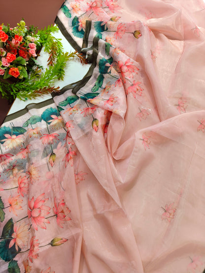 Elegant Organza Silk Saree with Floral Pallu and Stylish Tassels-MEHNDI