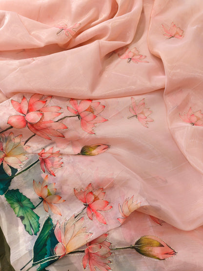 Elegant Organza Silk Saree with Floral Pallu and Stylish Tassels-MEHNDI