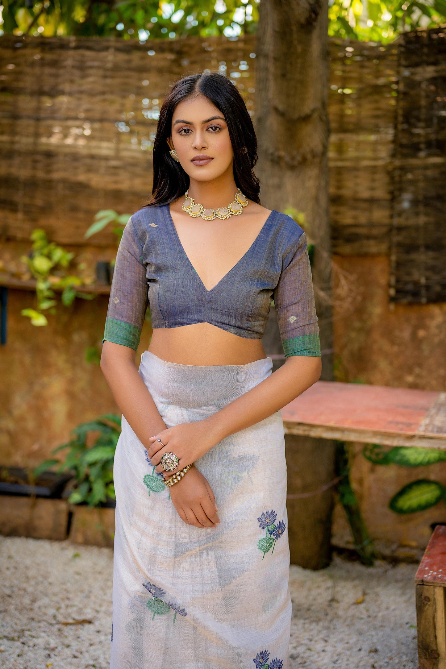 Premium Muga Cotton Pichwai Border Saree-NAVY BLUE