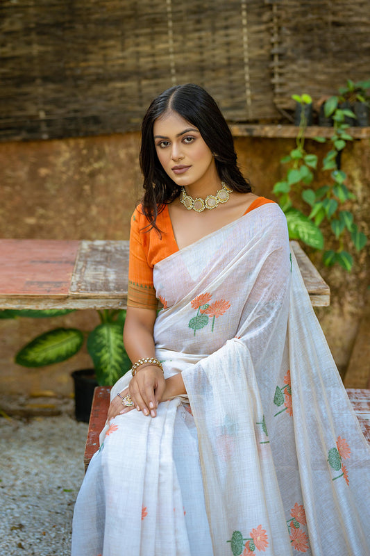 Premium Muga Cotton Pichwai Border Saree-NAVY BLUE