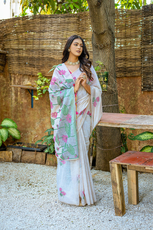Premium Muga Cotton Pichwai Border Saree-NAVY BLUE
