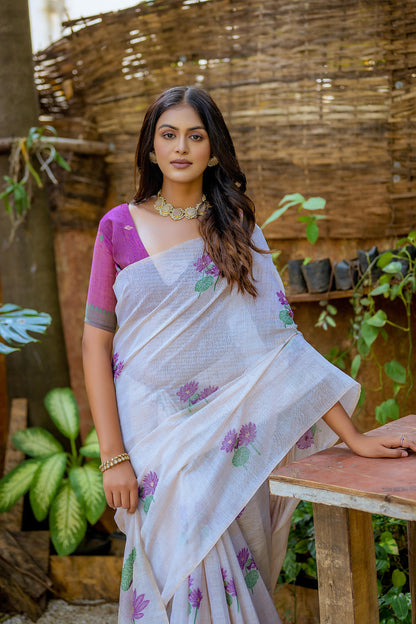 Premium Muga Cotton Pichwai Border Saree-NAVY BLUE