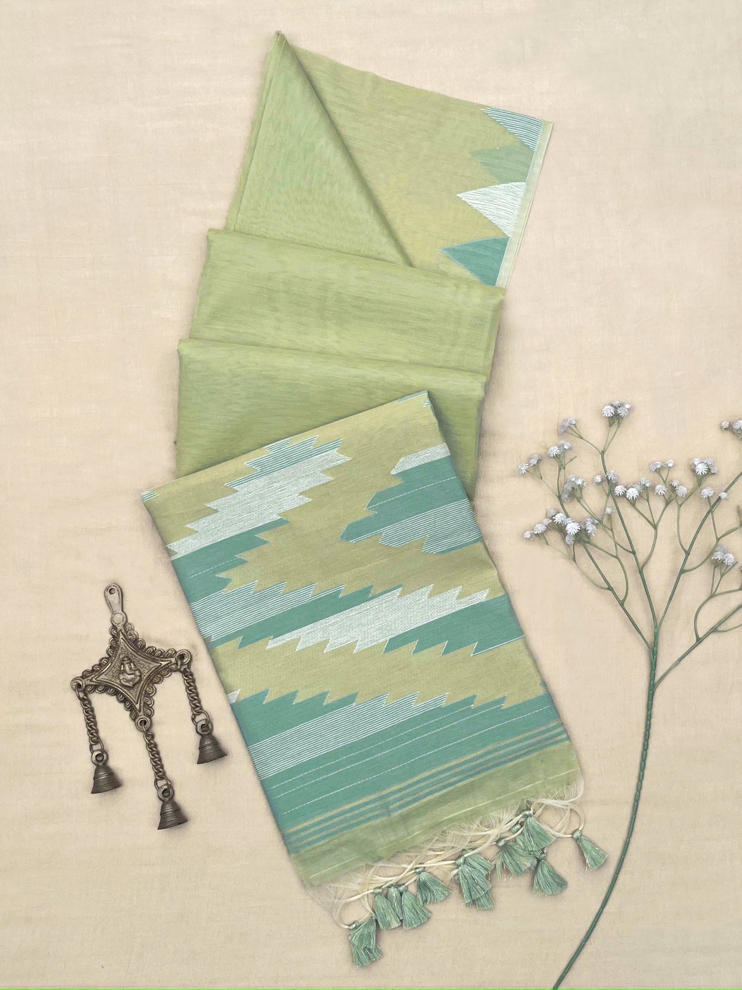 Soft Linen Cotton Elegant Weave Saree-MAHENDI