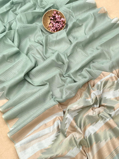 Soft Linen Cotton Elegant Weave Saree-MAHENDI