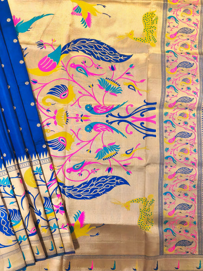Premium Teal Silk Saree with Peacock & Bird Woven Pallu- NAVY BLUE