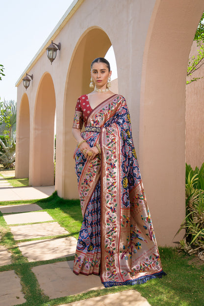 Banarasi Paithani Silk Saree With Meenakari Weaving - NAVY BLUE
