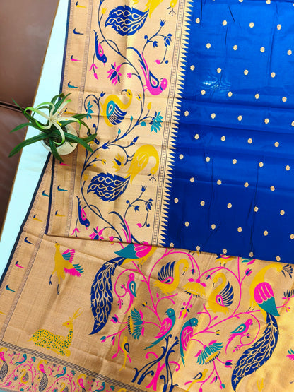 Premium Teal Silk Saree with Peacock & Bird Woven Pallu- NAVY BLUE