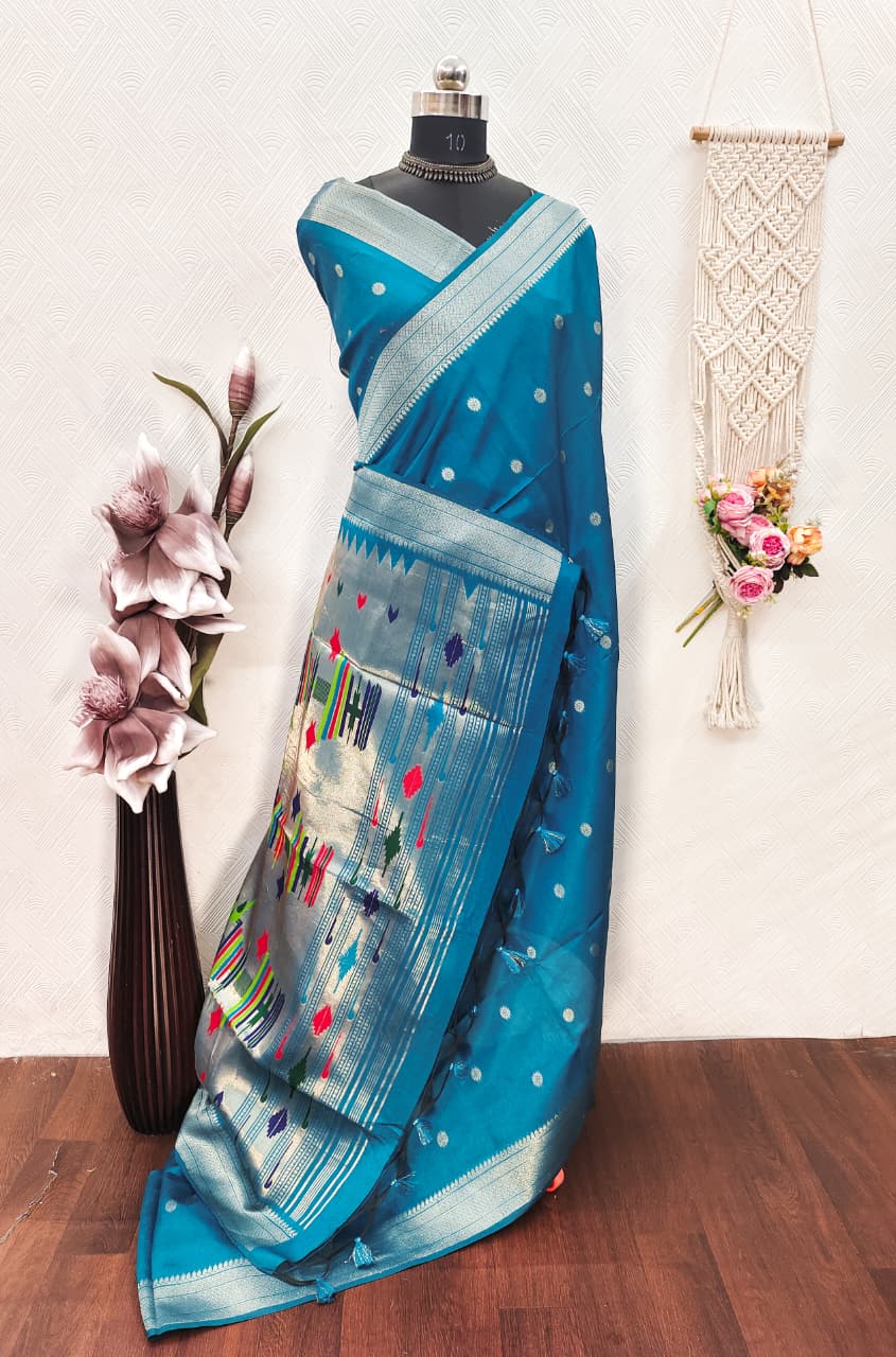 Khadi Raw Silk Saree with Traditional Woven Border & Multicolor Motifs -NAVY BLUE