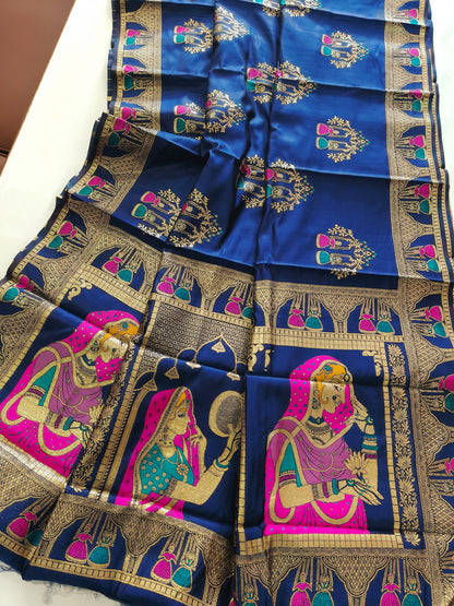SOFT BANARASI PASHMINA  SAREE WITH ZARI BORDER -  NAVY BLUE