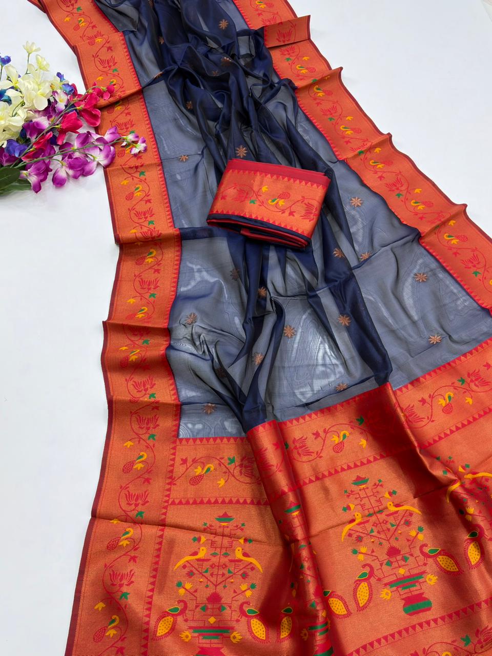 Designer Paithani Saree with Rich Zari Pallu-NAVY BLUE