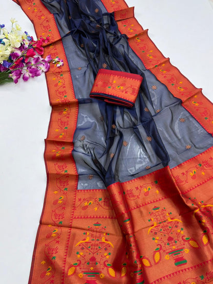 Designer Paithani Saree with Rich Zari Pallu-NAVY BLUE