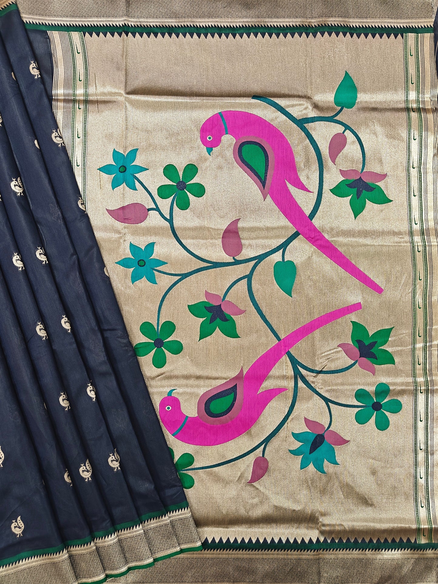 Heritage Hand-Weaving Silk Saree with Parrot Design- NAVY BLUE