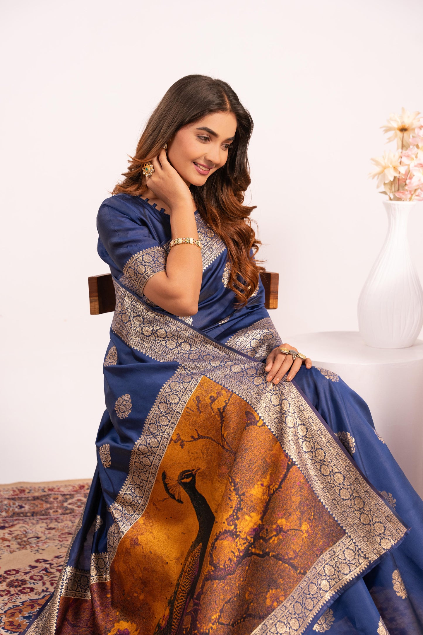 Handloom Banarasi Paithani Silk Saree with Artistic Peacock Pallu - NAVY BLUE