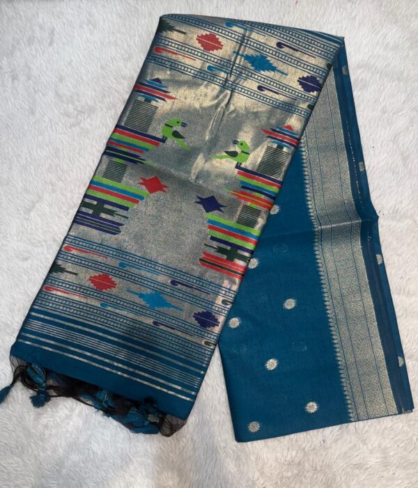 Khadi Raw Silk Saree with Traditional Woven Border & Multicolor Motifs -NAVY BLUE