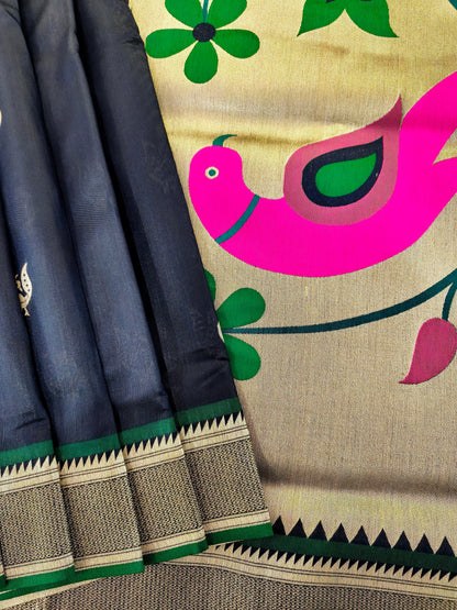 Heritage Hand-Weaving Silk Saree with Parrot Design- NAVY BLUE