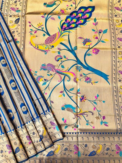Banarsi Paithani Copper Zari Silk Saree- Navy Blue