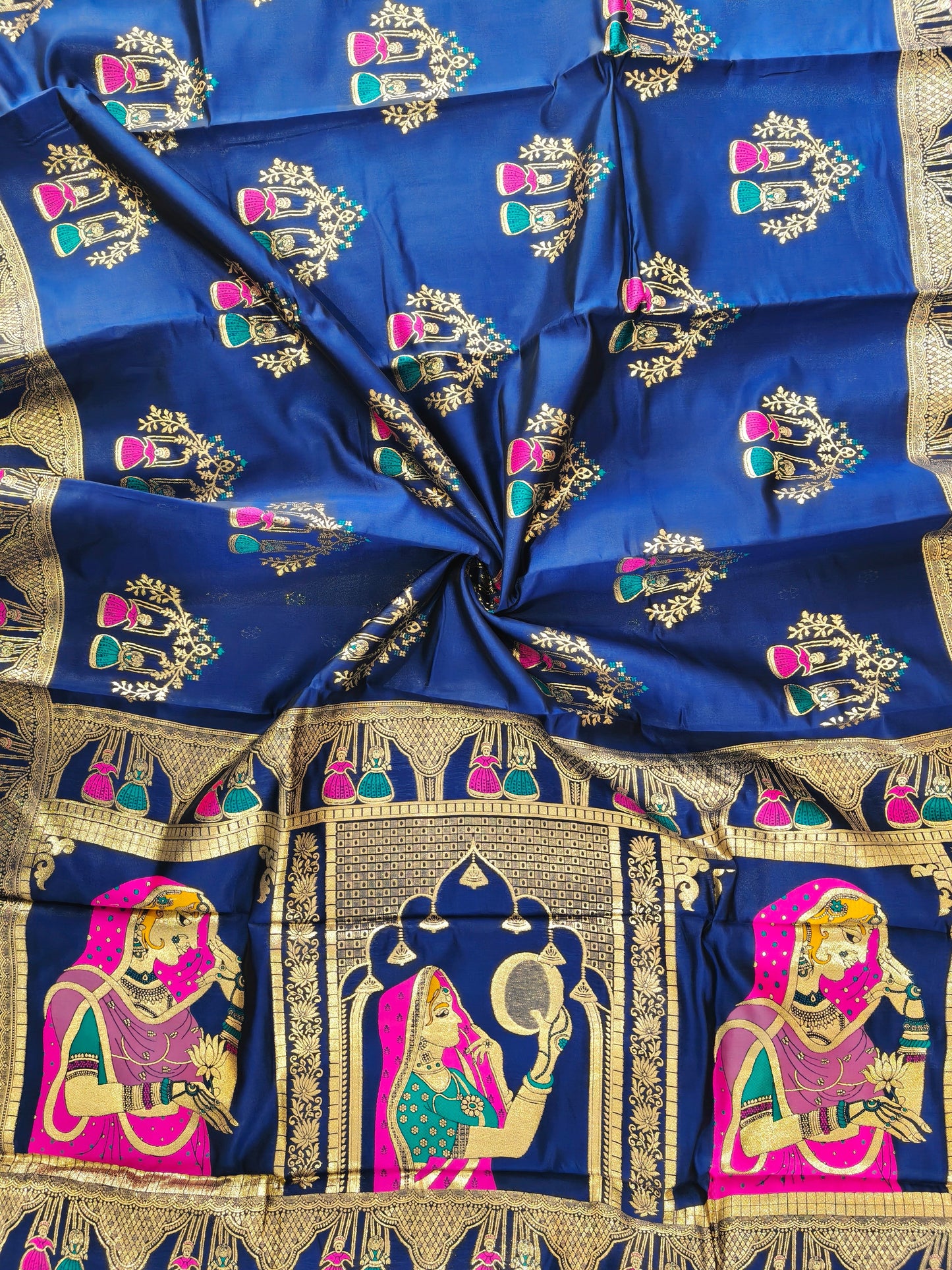 SOFT BANARASI PASHMINA  SAREE WITH ZARI BORDER -  NAVY BLUE