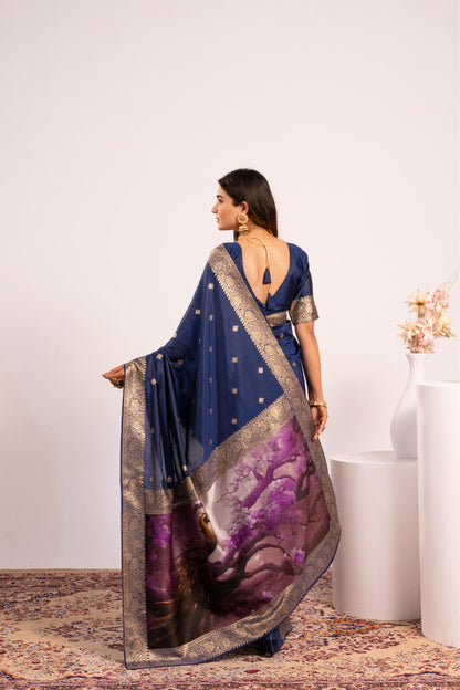 Traditional Paithani Saree with Zari Butti & Storytelling Pallu - NAVY BLUE
