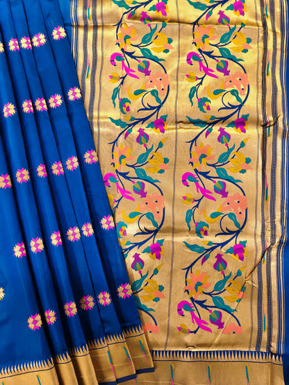 Banarasi Paithani With Bird & Floral Pallu - NAVY BLUE