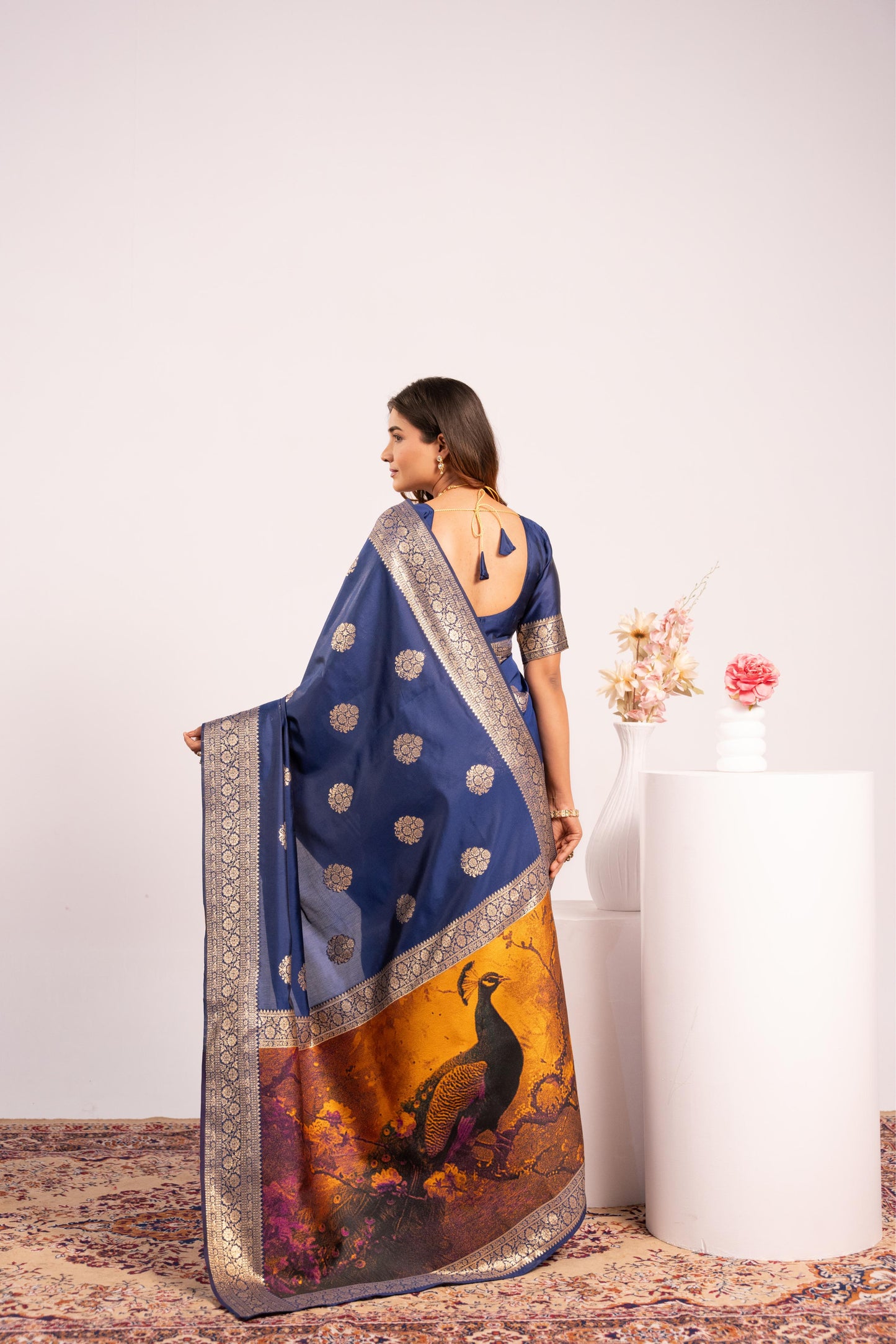 Handloom Banarasi Paithani Silk Saree with Artistic Peacock Pallu - NAVY BLUE