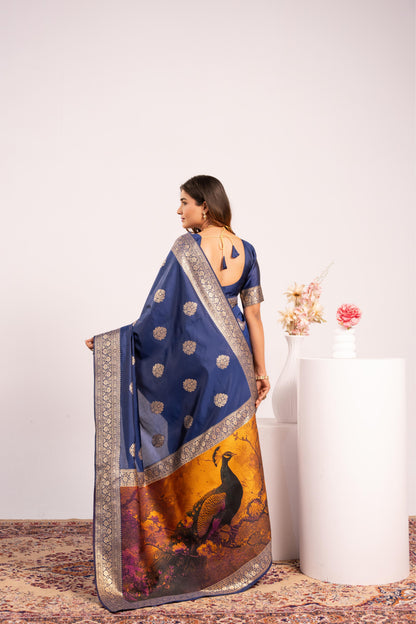 Handloom Banarasi Paithani Silk Saree with Artistic Peacock Pallu - NAVY BLUE