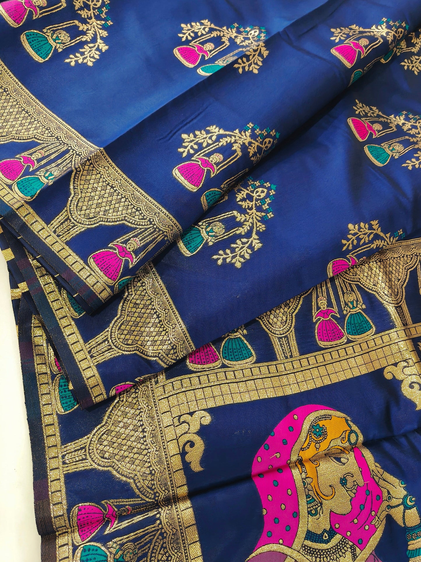 SOFT BANARASI PASHMINA  SAREE WITH ZARI BORDER -  NAVY BLUE