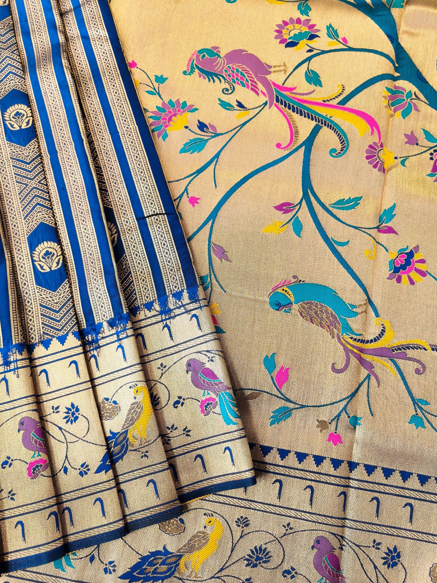 Banarsi Paithani Copper Zari Silk Saree- Navy Blue