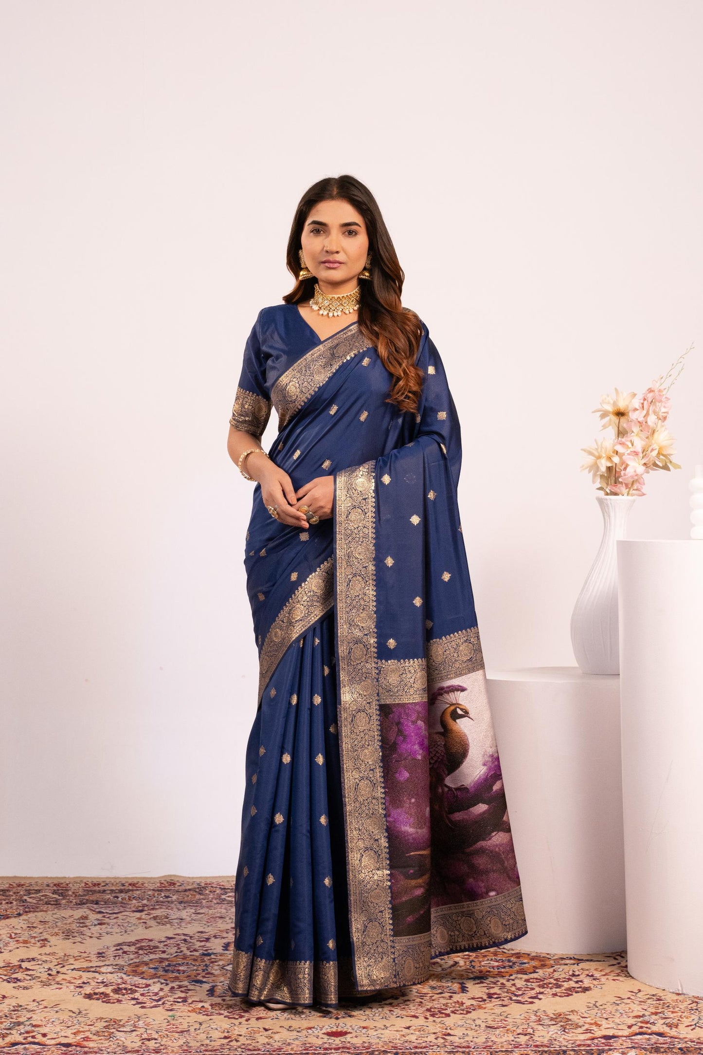 Traditional Paithani Saree with Zari Butti & Storytelling Pallu - NAVY BLUE
