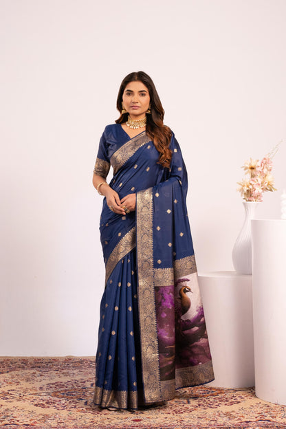 Traditional Paithani Saree with Zari Butti & Storytelling Pallu - NAVY BLUE