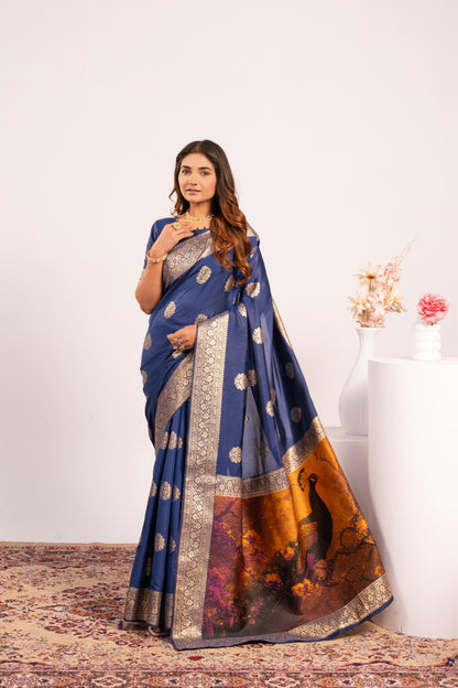 Handloom Banarasi Paithani Silk Saree with Artistic Peacock Pallu - NAVY BLUE