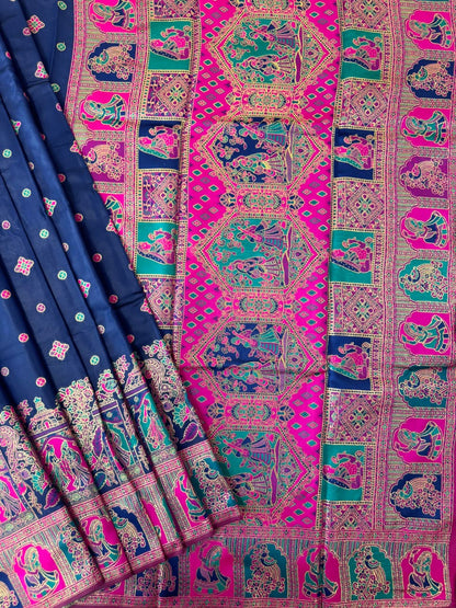 SOFT BANARASI PASHMINA  SAREE -  NAVY BLUE