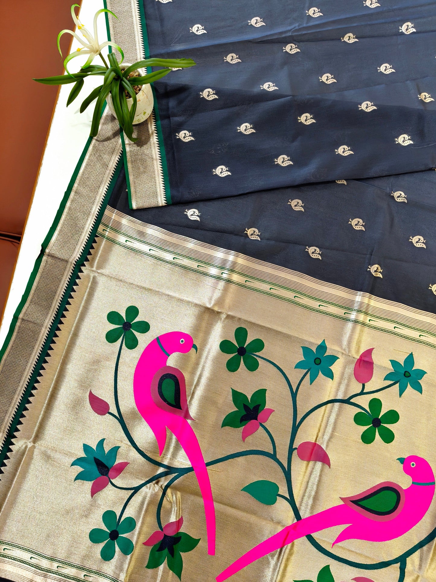 Heritage Hand-Weaving Silk Saree with Parrot Design- NAVY BLUE