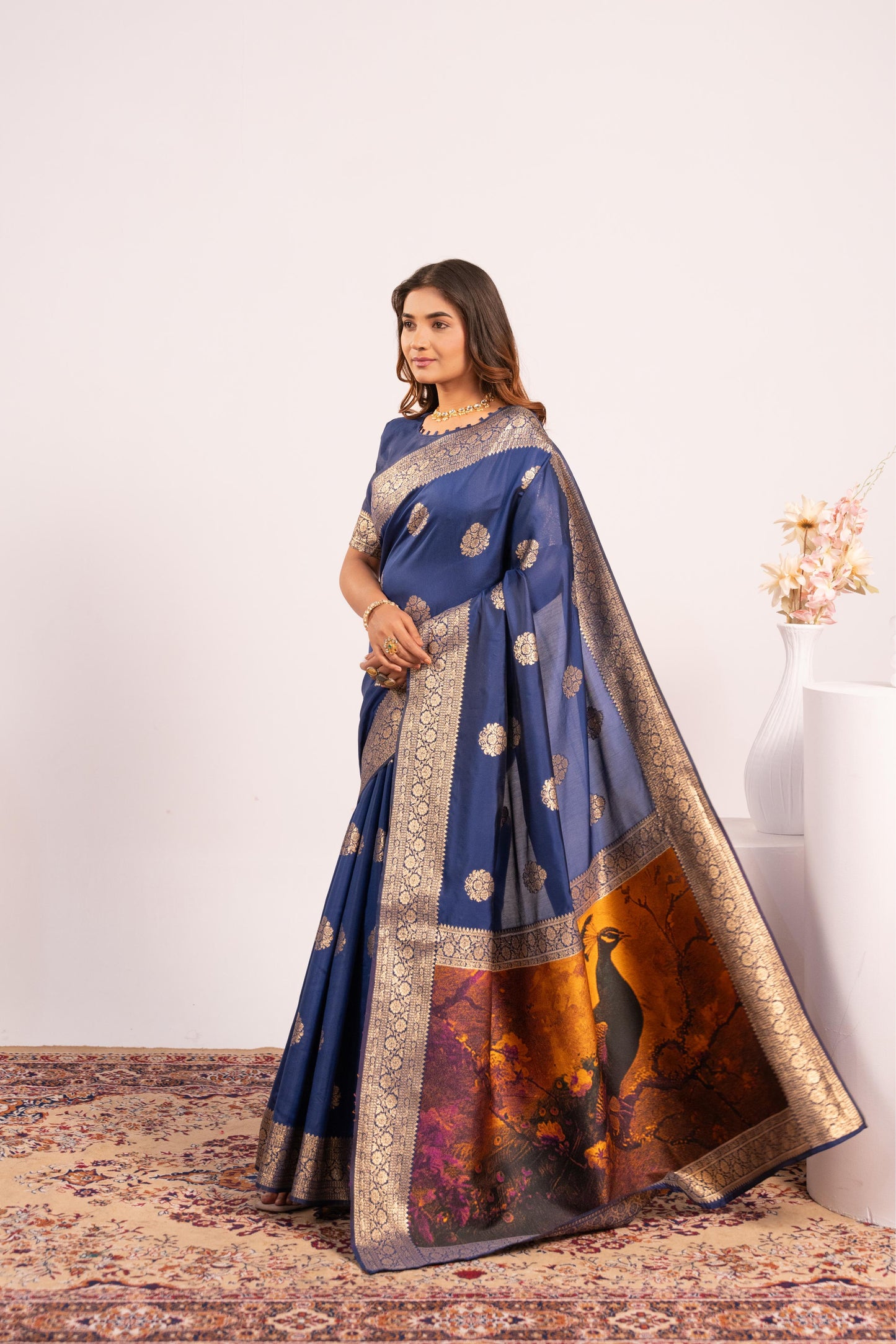 Handloom Banarasi Paithani Silk Saree with Artistic Peacock Pallu - NAVY BLUE