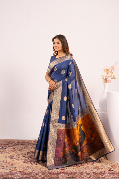 Handloom Banarasi Paithani Silk Saree with Artistic Peacock Pallu - NAVY BLUE