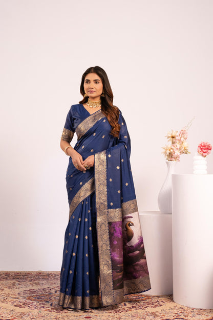 Traditional Paithani Saree with Zari Butti & Storytelling Pallu - NAVY BLUE