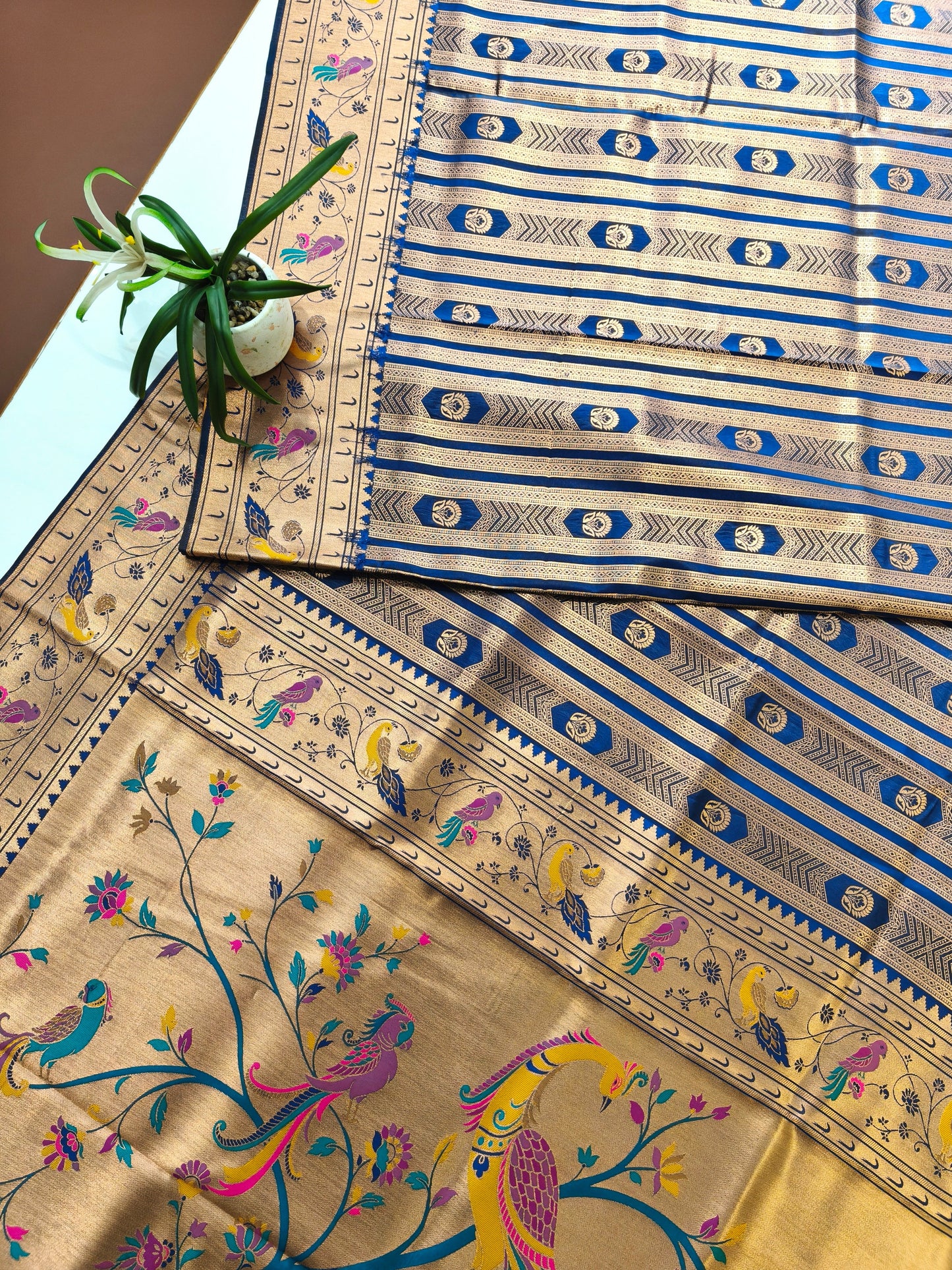 Banarsi Paithani Copper Zari Silk Saree- Navy Blue