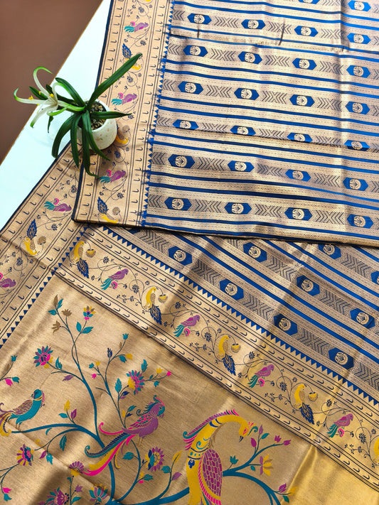 Banarsi Paithani Copper Zari Silk Saree- Navy Blue