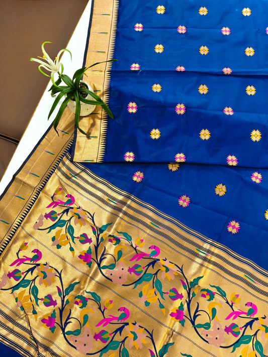 Banarasi Paithani With Bird & Floral Pallu - NAVY BLUE