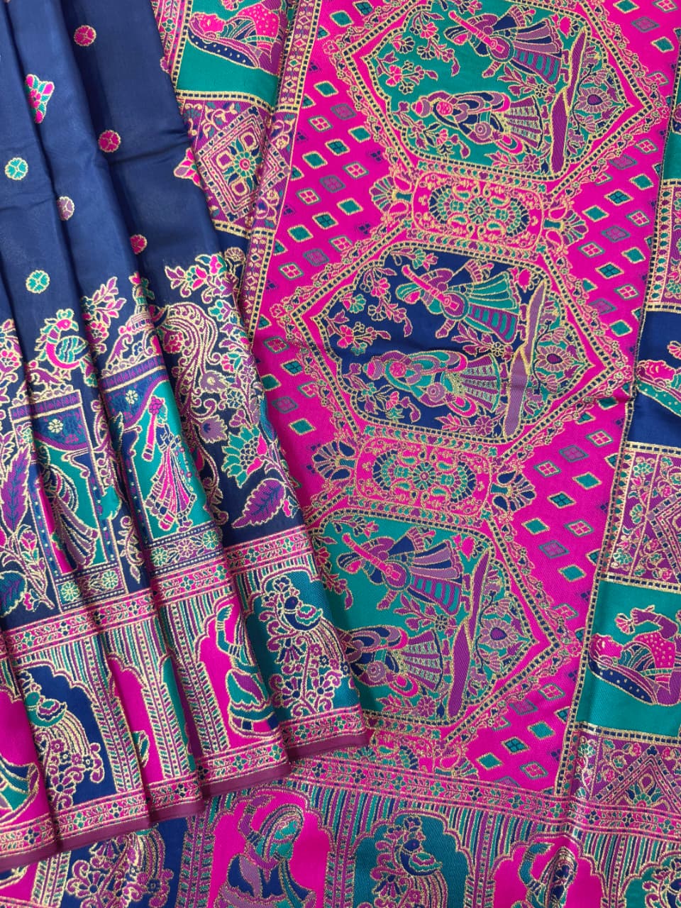 SOFT BANARASI PASHMINA  SAREE -  NAVY BLUE
