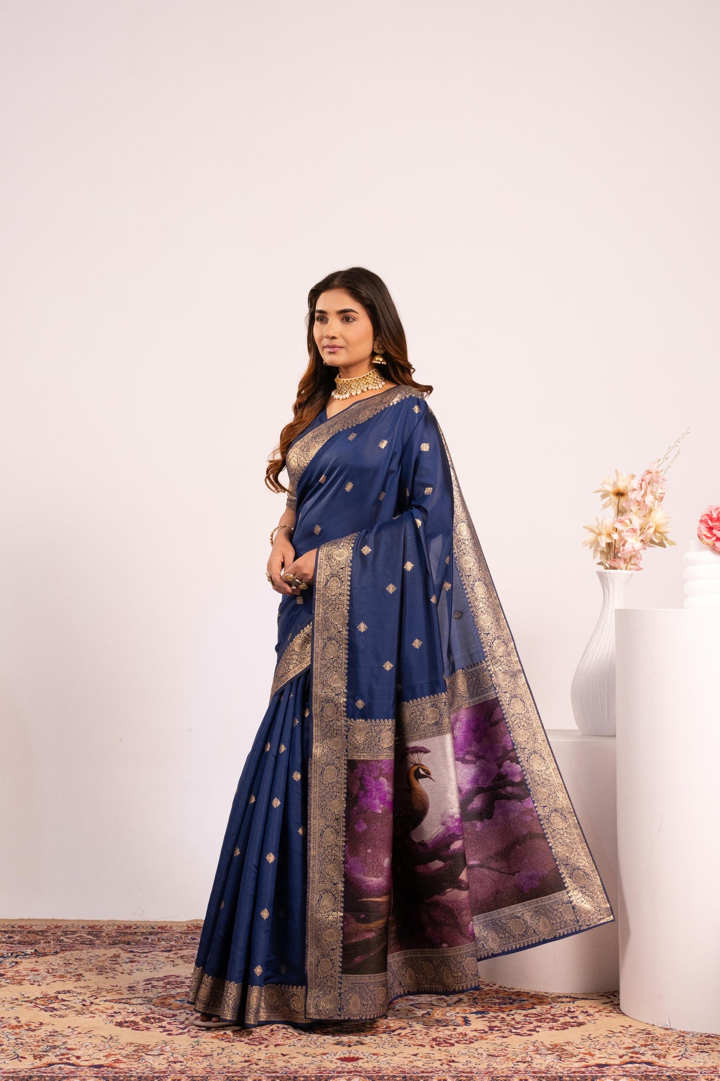 Traditional Paithani Saree with Zari Butti & Storytelling Pallu - NAVY BLUE