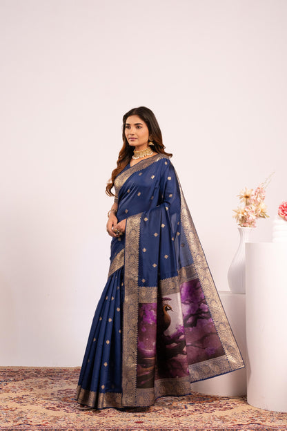 Traditional Paithani Saree with Zari Butti & Storytelling Pallu - NAVY BLUE