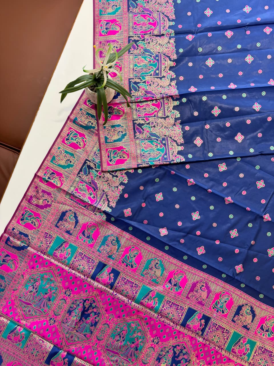 SOFT BANARASI PASHMINA  SAREE -  NAVY BLUE