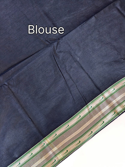 Heritage Hand-Weaving Silk Saree with Parrot Design- NAVY BLUE