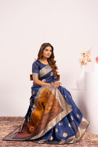 Handloom Banarasi Paithani Silk Saree with Artistic Peacock Pallu - NAVY BLUE