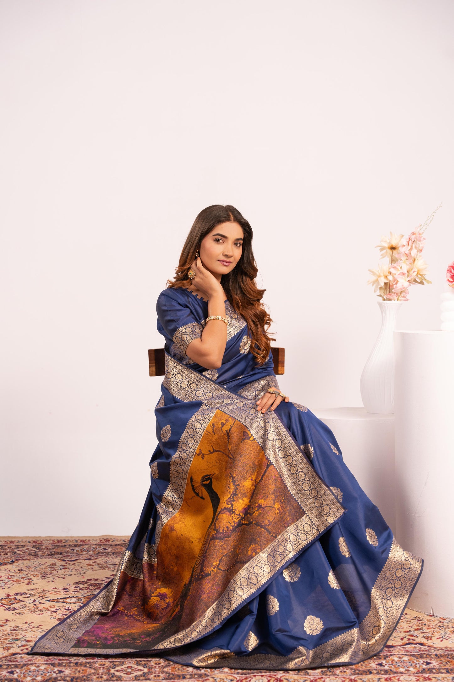 Handloom Banarasi Paithani Silk Saree with Artistic Peacock Pallu - NAVY BLUE