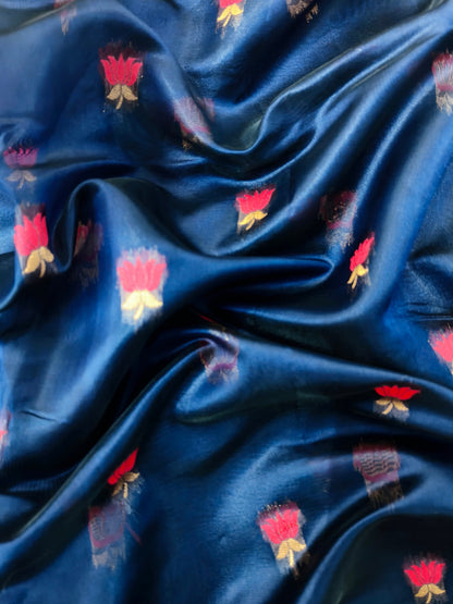 Paithani Silk Saree with Floral Motifs and Zari Pallu - NAVY BLUE