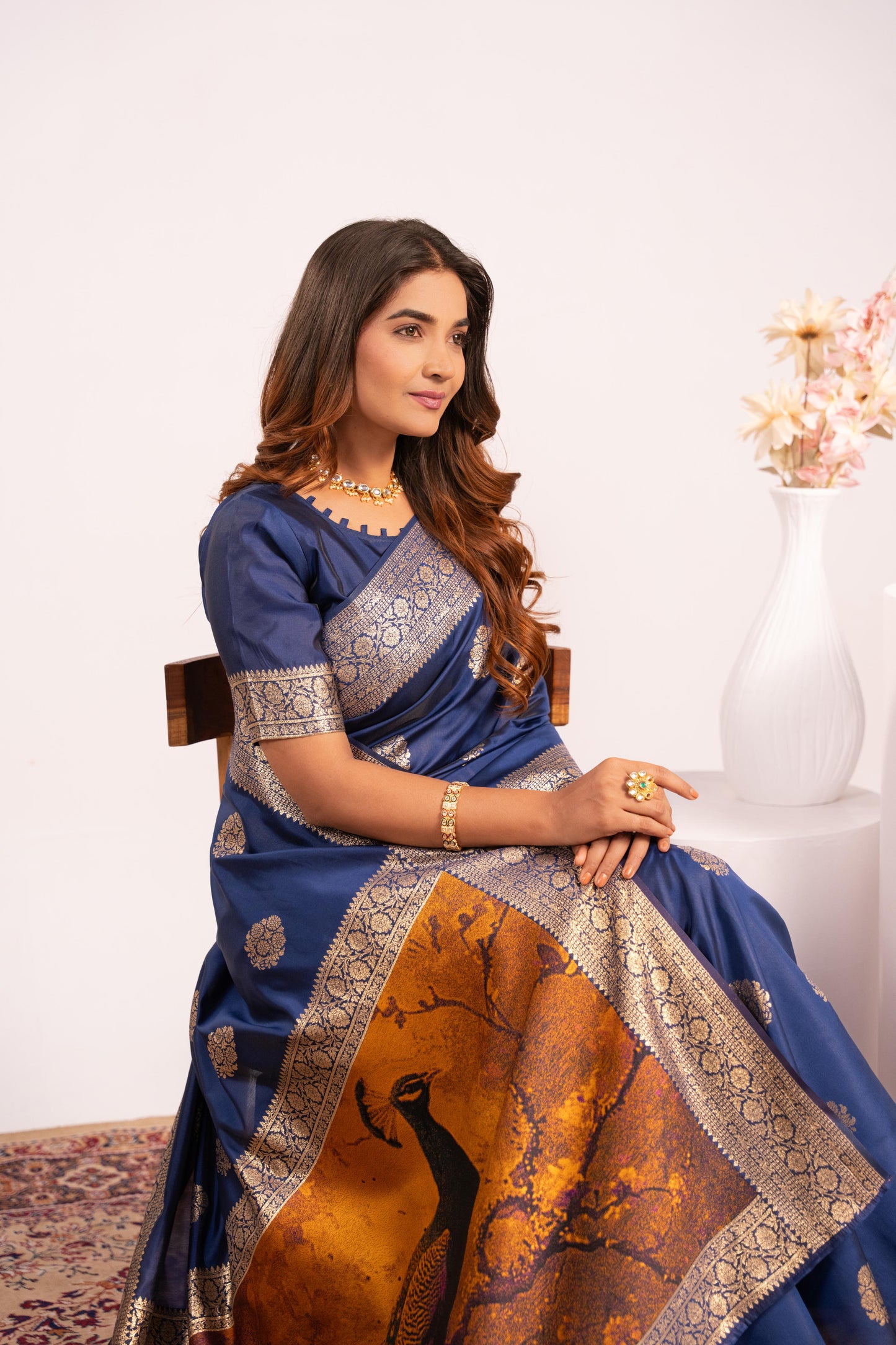 Handloom Banarasi Paithani Silk Saree with Artistic Peacock Pallu - NAVY BLUE