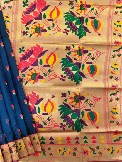 Paithani Silk Saree with Floral Motifs and Zari Pallu - NAVY BLUE