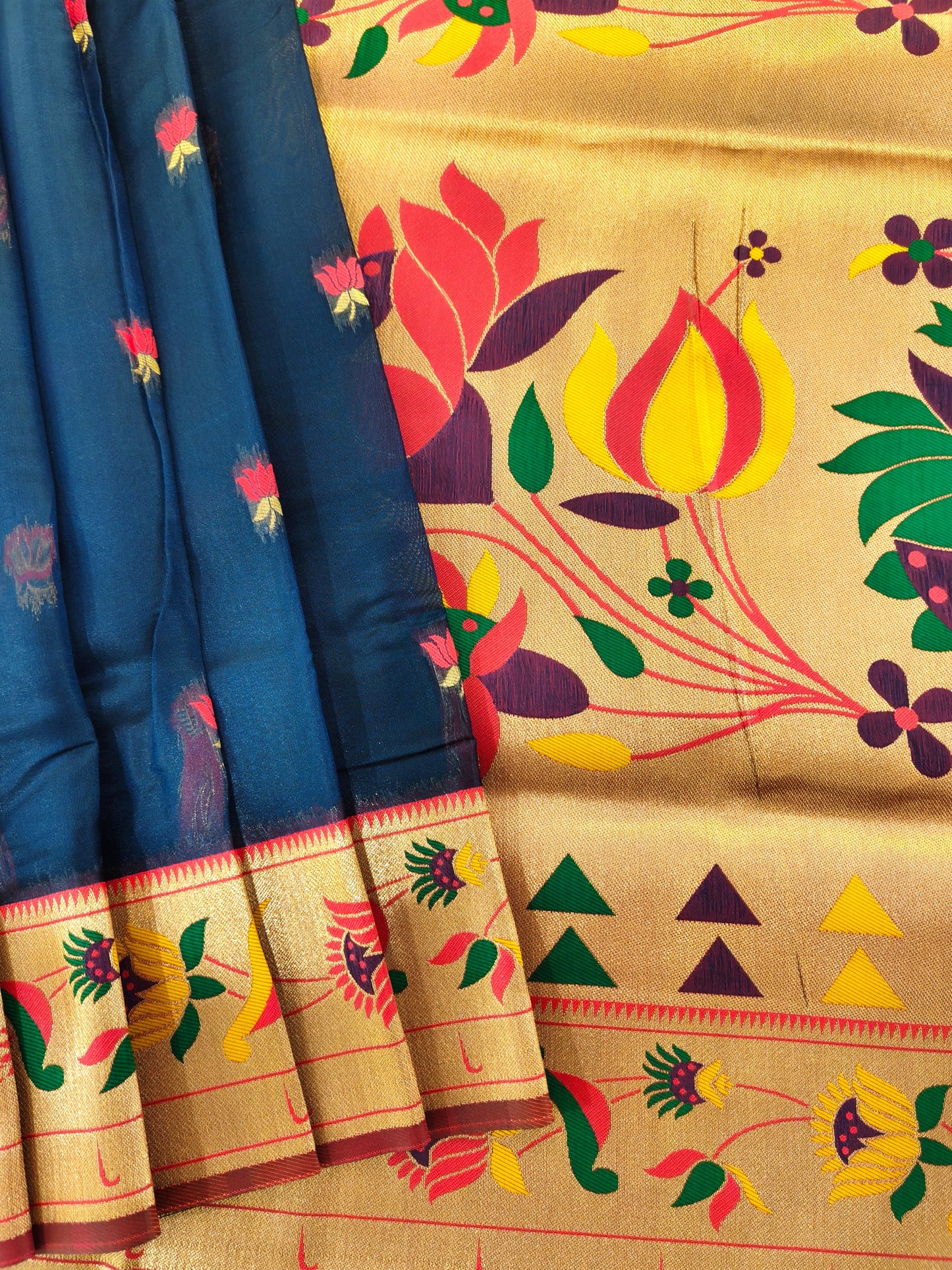 Paithani Silk Saree with Floral Motifs and Zari Pallu - NAVY BLUE