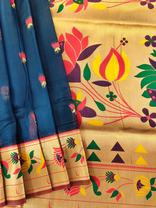 Paithani Silk Saree with Floral Motifs and Zari Pallu - NAVY BLUE